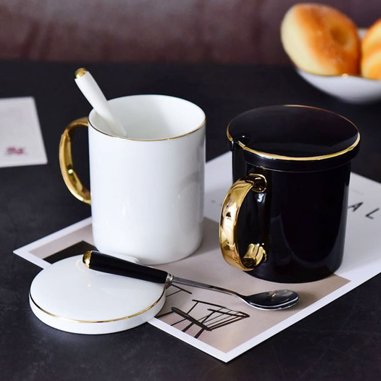 创意带勺骨瓷简约咖啡杯个性定制陶瓷大容量马克盖杯情侣对杯