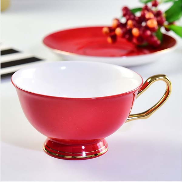 金箔红釉欧式家用骨瓷咖啡杯碟