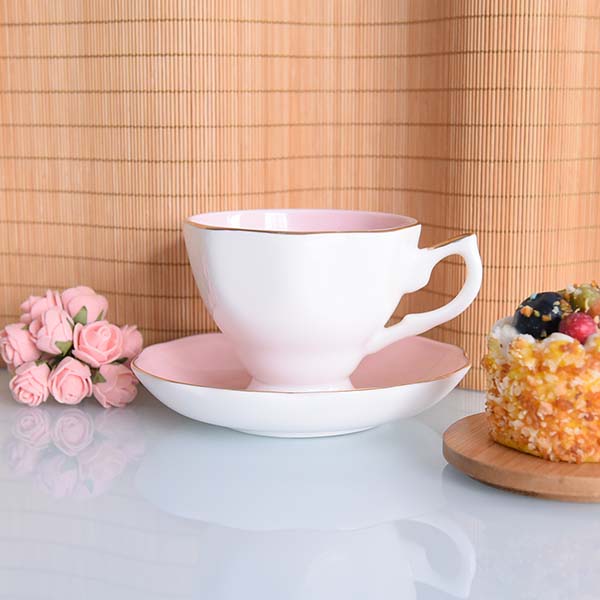 新德粉色釉骨瓷咖啡杯碟